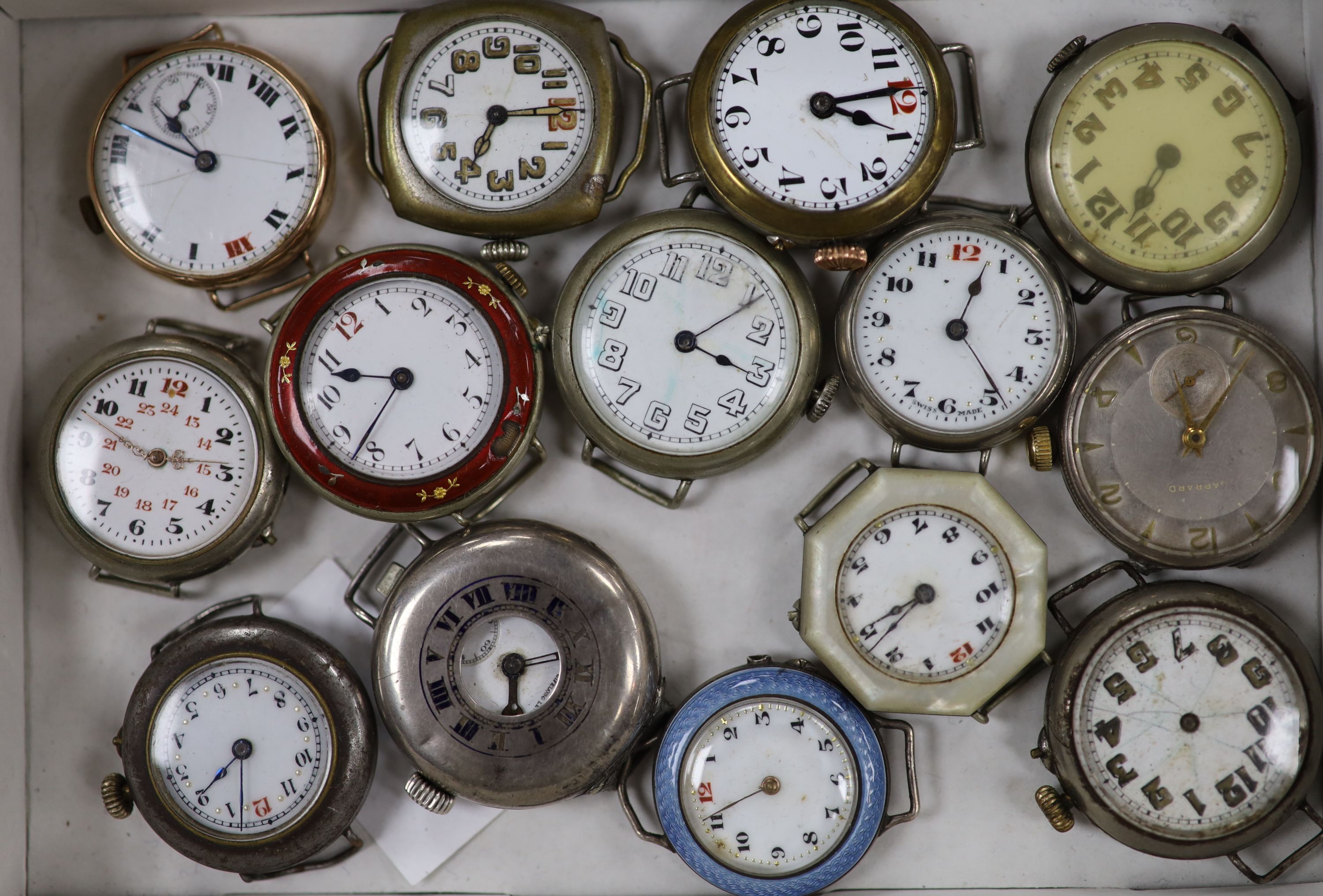Fourteen assorted strapless wristwatches including 9 carat gold, white metal and enamel and silver half hunter.